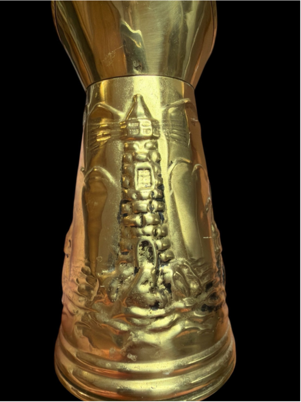 Vintage Brass Nautical Pitcher Tall Ship & Lighthouse Coastal Decor 6.5” - Picture 8 of 8